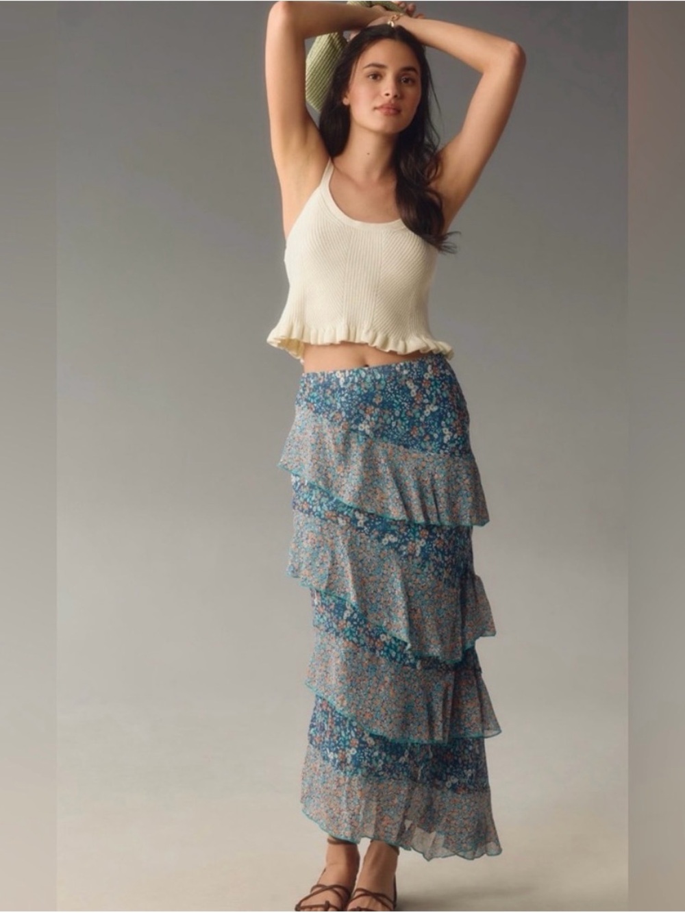 By Anthropologie Blue Floral Tiered Maxi Skirt